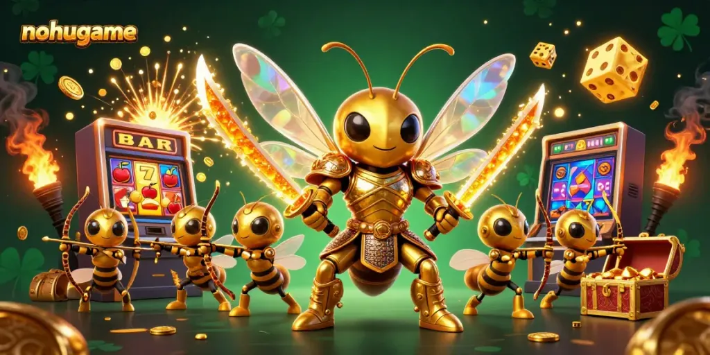 Win big with nohugame in this vibrant 3D illustration, featuring dynamic casino gaming elements.