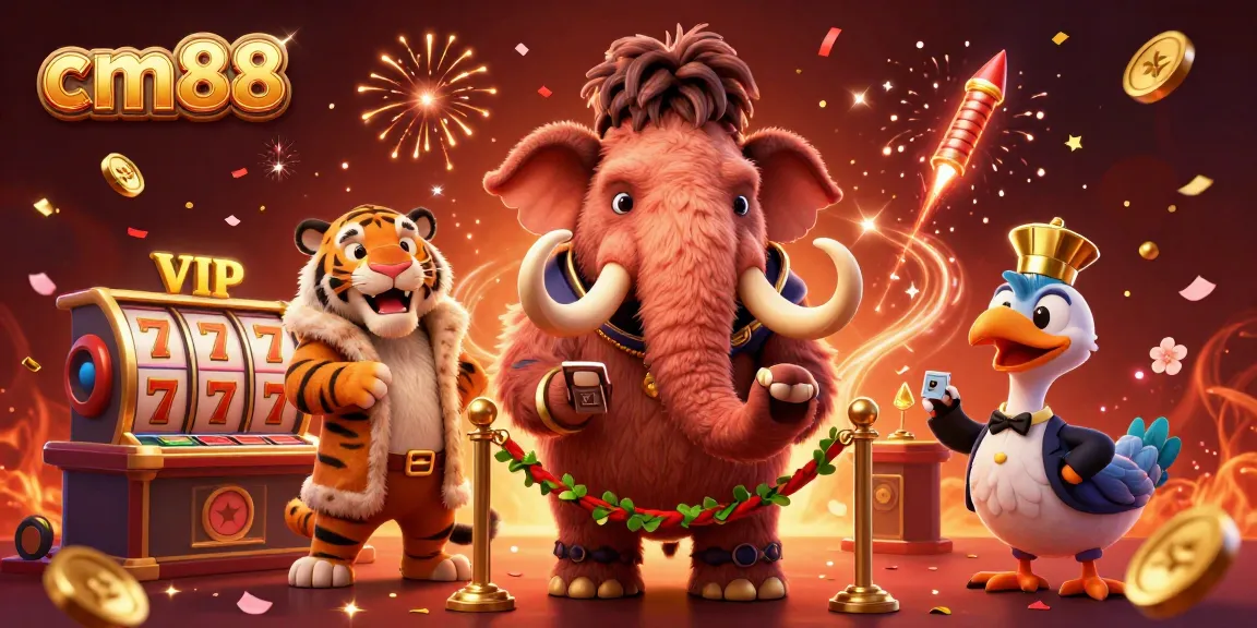 Experience excitement at cm88 with a bustling scene of a woolly mammoth bouncer, saber-tooth tiger guest, and a dodo doorman amidst lively casino elements.