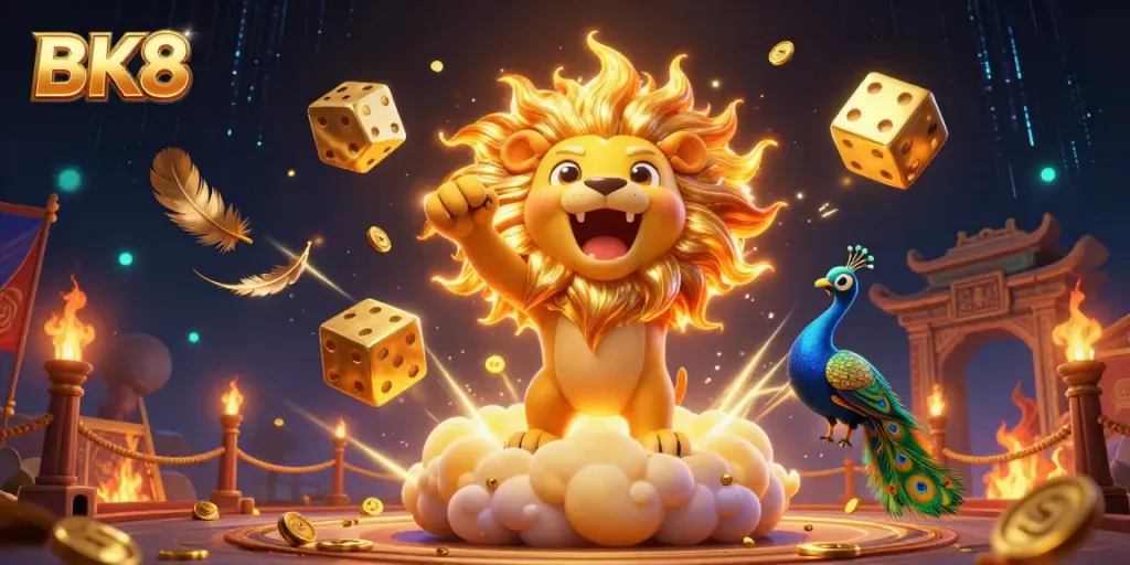 Experience thrilling BK8 gameplay with a vibrant casino atmosphere, featuring roaring characters and dynamic game elements.