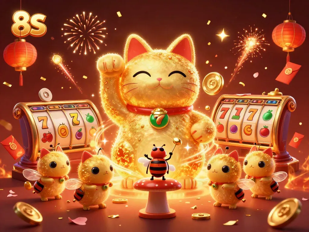 Experience the vibrant energy of 8S with a lucky cat and casino symbols in a festive 3D illustration.