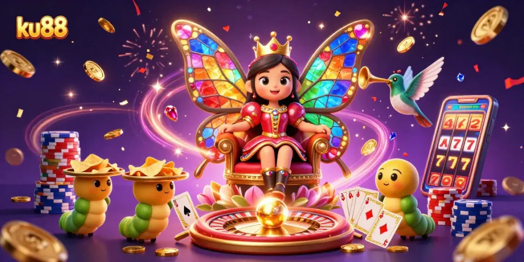 Engage with ku88 as colorful gems and golden chips create a vibrant casino atmosphere.
