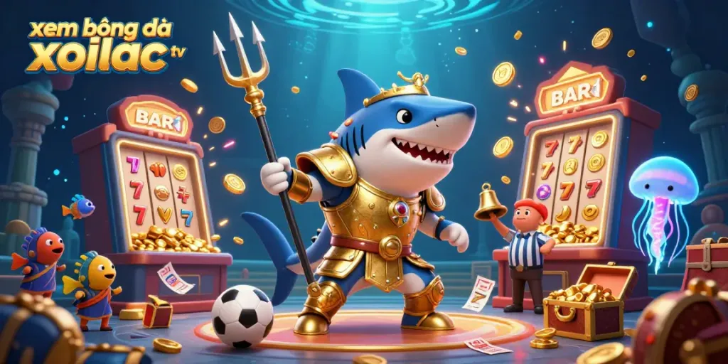 Xem bóng đá xoilac tv features an exciting underwater scene with a tiger shark in armor and dynamic gambling elements.
