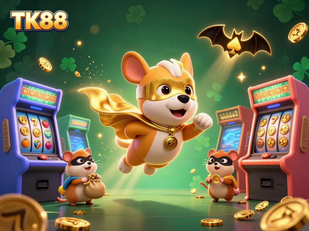 Join TK88 gameplay excitement with a superhero dog and hamster on a vibrant casino adventure.