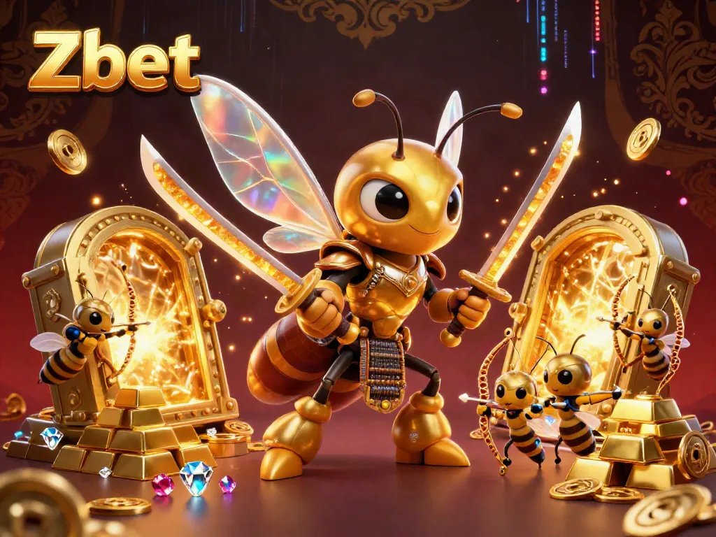 Experience Zbet's exhilarating world of games with a dynamic scene showcasing a golden hornet hero and treasure elements.