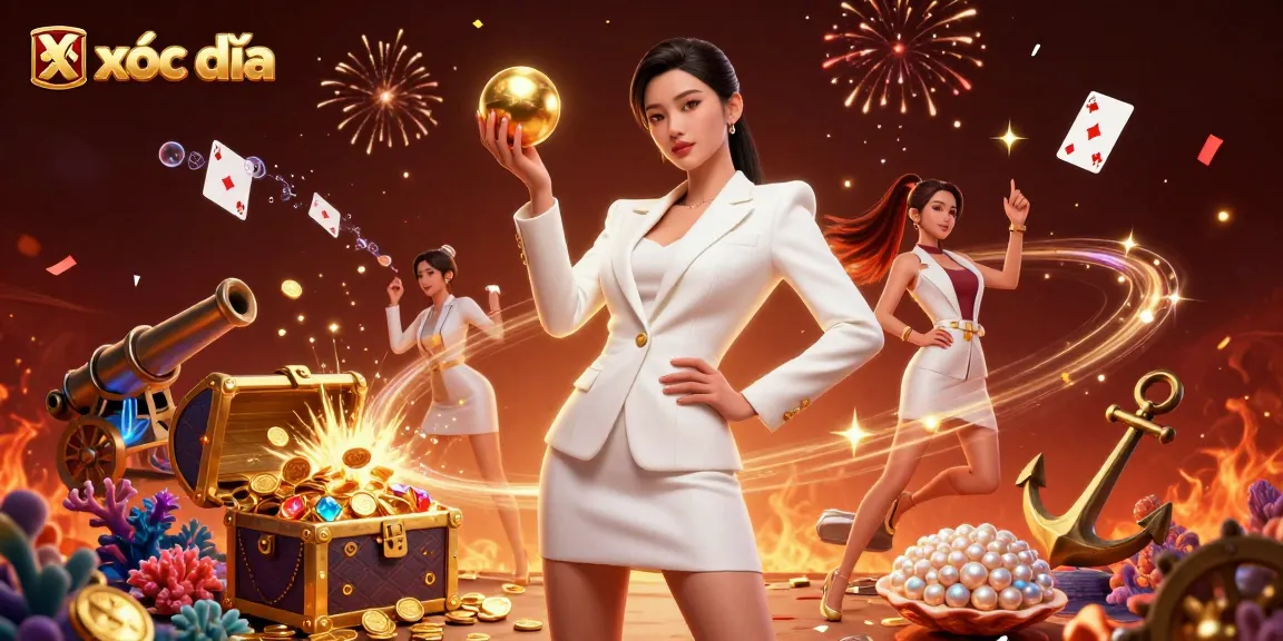 Play exciting xóc đĩa with stunning visuals showcasing a confident dealer and casino elements.