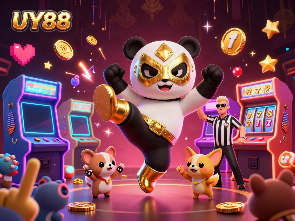 Enjoy thrilling UY88 adventures with vibrant characters and slots in a dynamic casino scene.