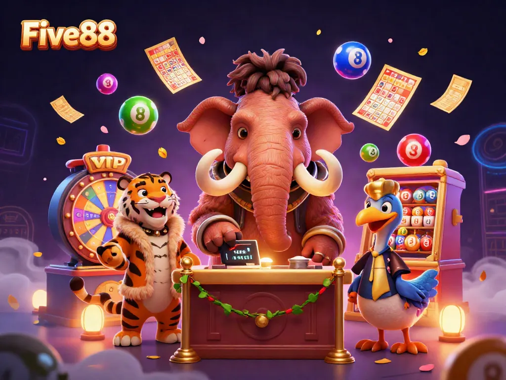 Experience the vibrant energy of Five88 with a dynamic casino scene featuring a woolly mammoth bouncer and colorful game elements.