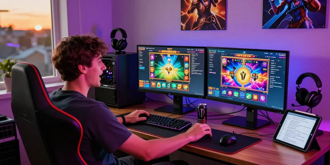 Online player enjoying depo pulsa 10k tanpa potongan in a vibrant gaming setup, immersed in exciting slot games.