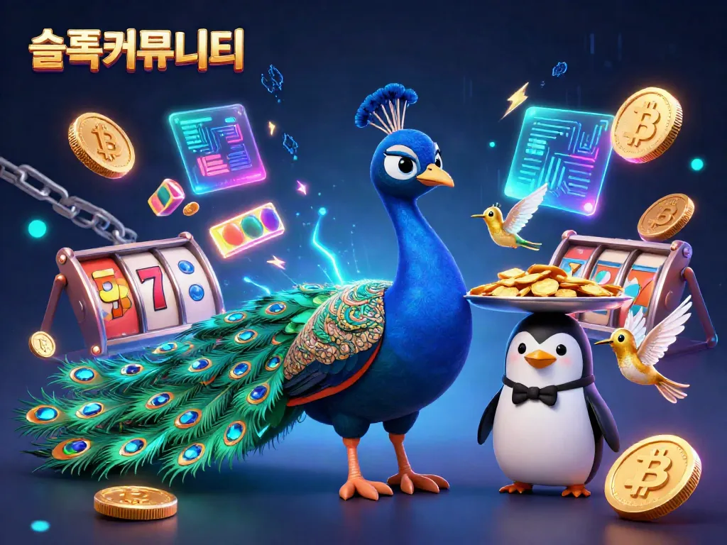 Engage in the vibrant 슬롯커뮤니티 with a dazzling 3D peacock, butler penguin, and golden hummingbird amidst slots and crypto.