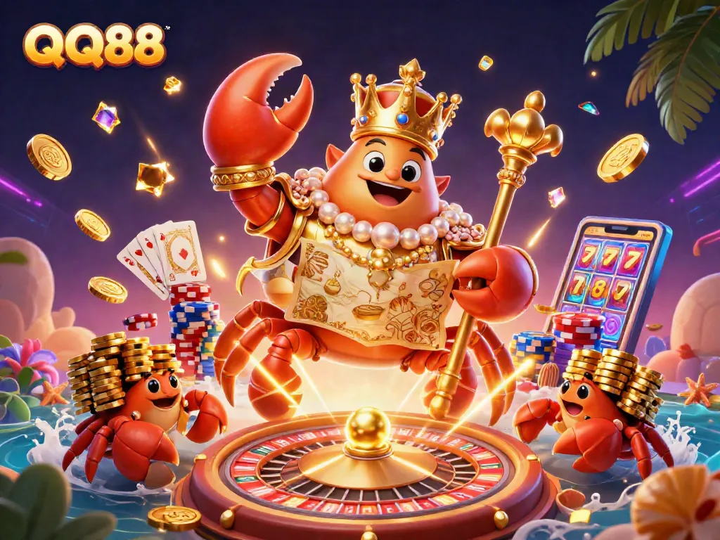Engage in thrilling gambling at QQ88 with a vibrant scene showcasing a golden crab emperor and casino riches.