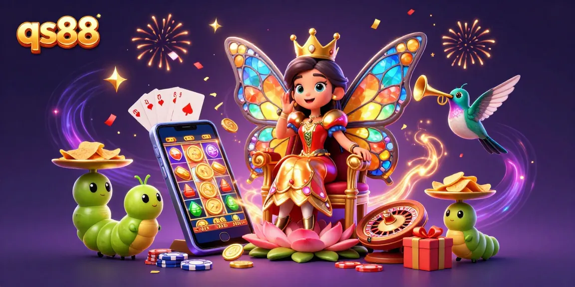 Spin the reels at qs88 with a colorful slot game scene featuring a butterfly queen and festive elements.
