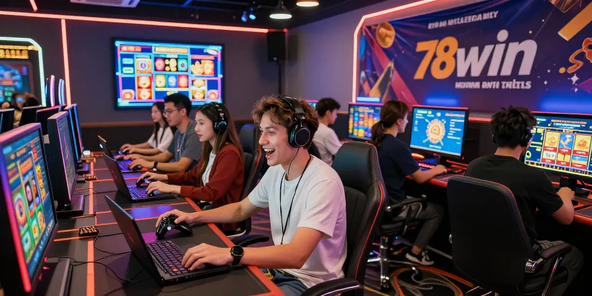 Players enjoying the thrilling atmosphere of 78win's online casino, showcasing vibrant gaming screens and excitement.