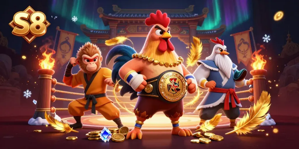 Join the S8 gaming adventure with cartoon characters in a rich casino setting.