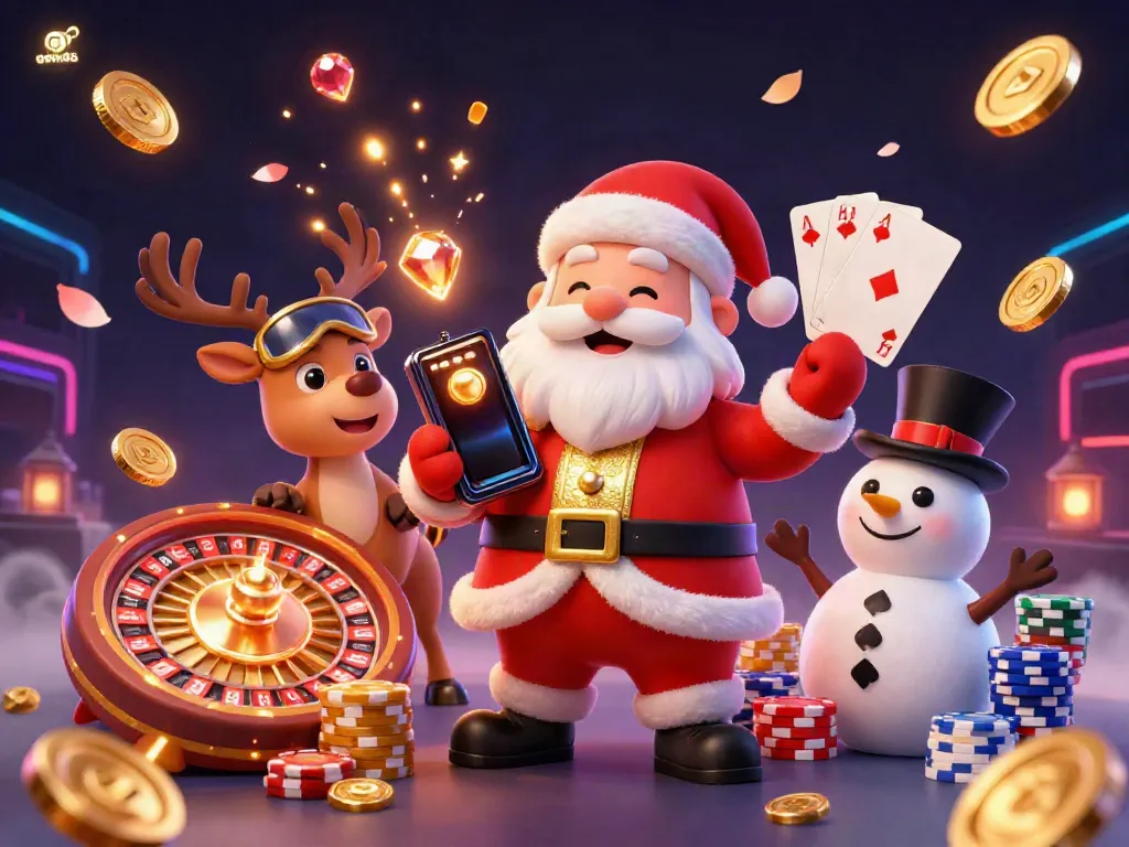 Join Santa Claus and friends in a vibrant gem88 casino scene filled with spinning roulette wheels, jackpot slots, and vivid animations.
