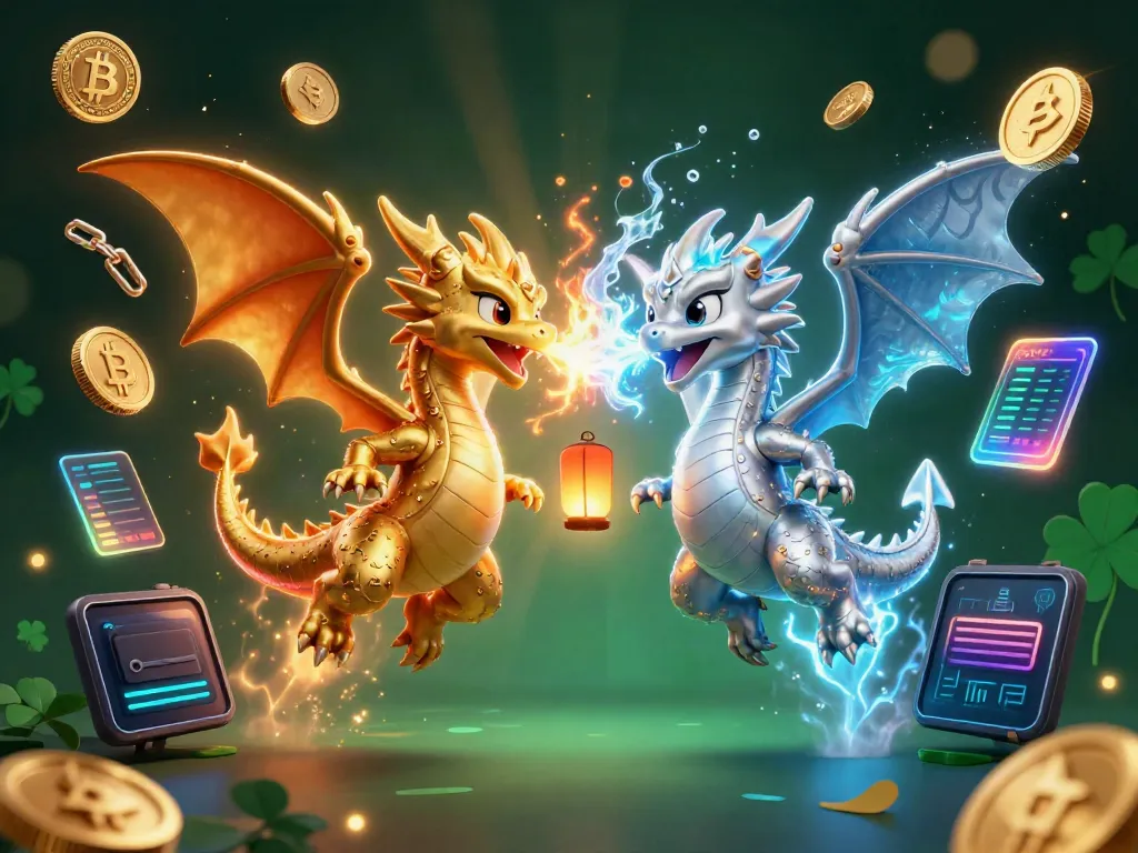 Engage with AATCC 183 through this vibrant 3D illustration of gold and silver dragons amidst cryptocurrency elements.
