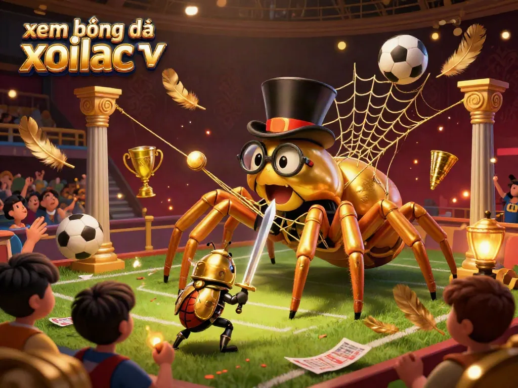 Xem bóng đá Xoilac TV showcases a vibrant sports arena with a golden tarantula weaving an entertaining web of excitement for fans.