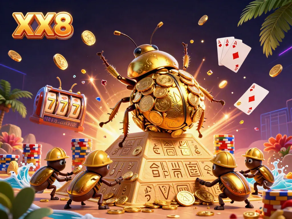 Experience the thrill with XX8 as a golden beetle rolls cash into a vibrant casino scene.