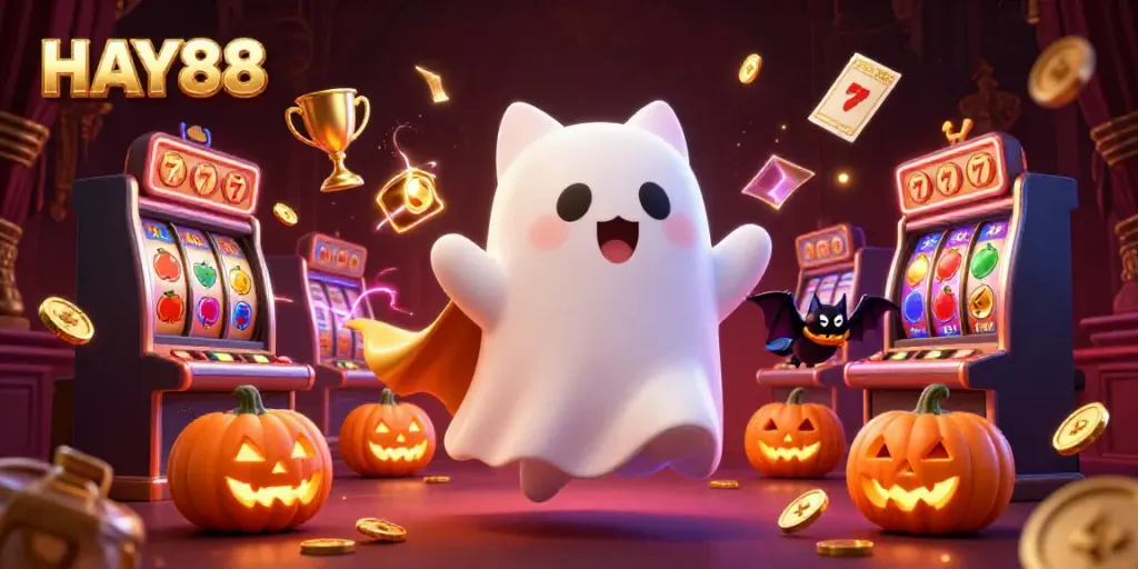 Engage in thrilling gameplay at HAY88 during spooky festivities with a friendly ghost cat and sports elements.