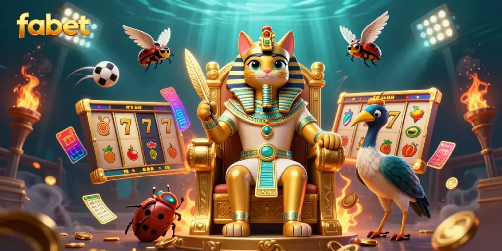 Win big with fabet in an immersive 3D casino scene featuring dynamic slot reels and gold elements.