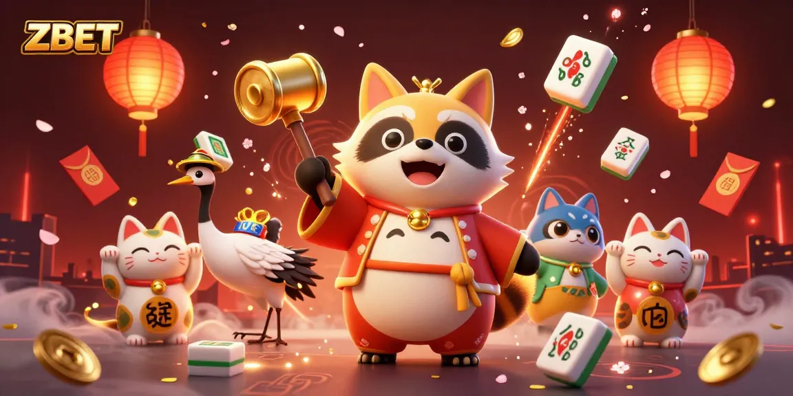 Experience ZBET excitement with a cheerful tanuki and lucky symbols in a vibrant casino scene.