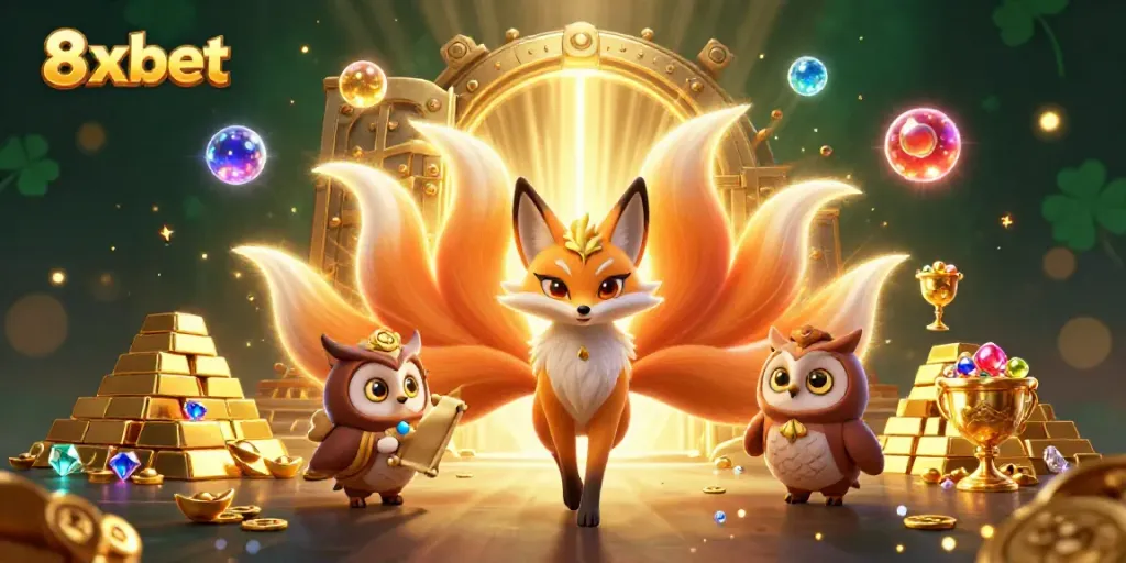 Engage with the thrilling world of 8xbet as vibrant characters and casino elements create a magical betting experience.