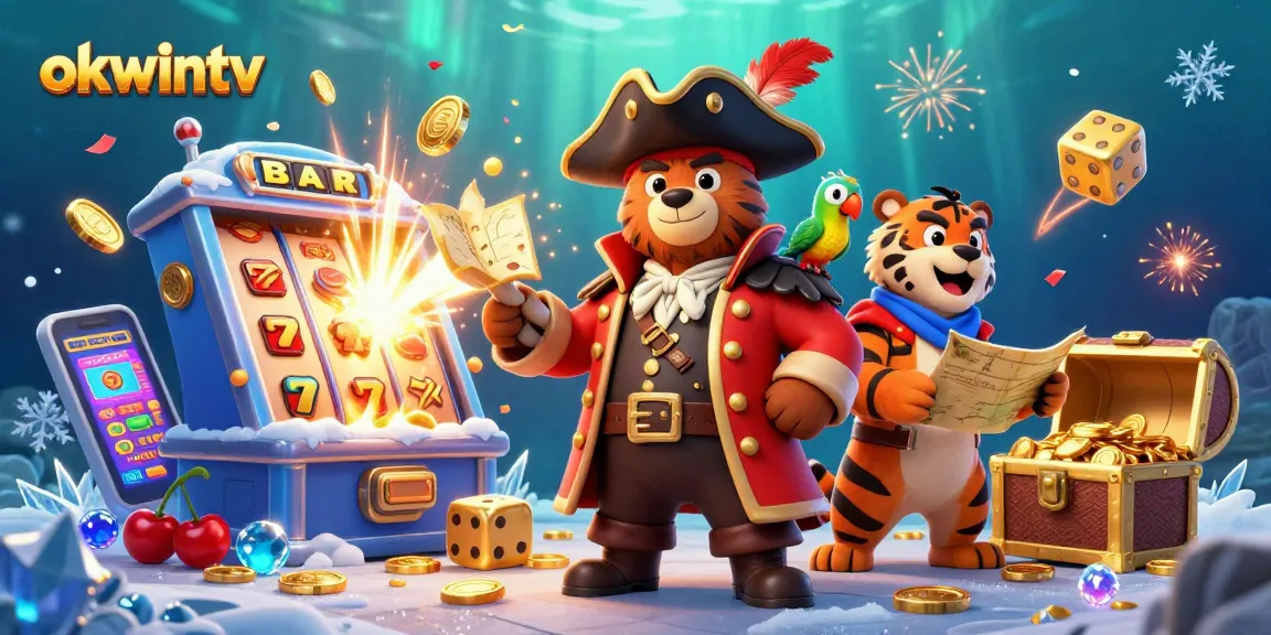 Enjoy thrilling actions with okwintv through a vibrant casino-themed illustration featuring dynamic characters and exciting game elements.