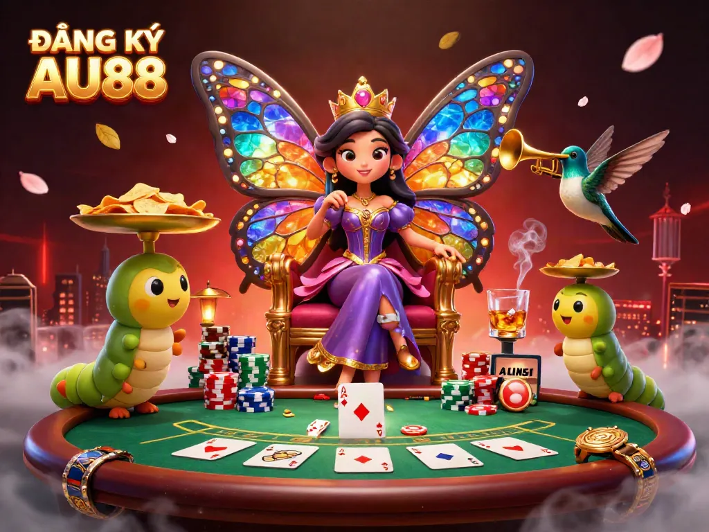Join the exciting ĐĂNG KÝ AU88 action with a vibrant butterfly queen and poker scene, featuring colorful game elements.