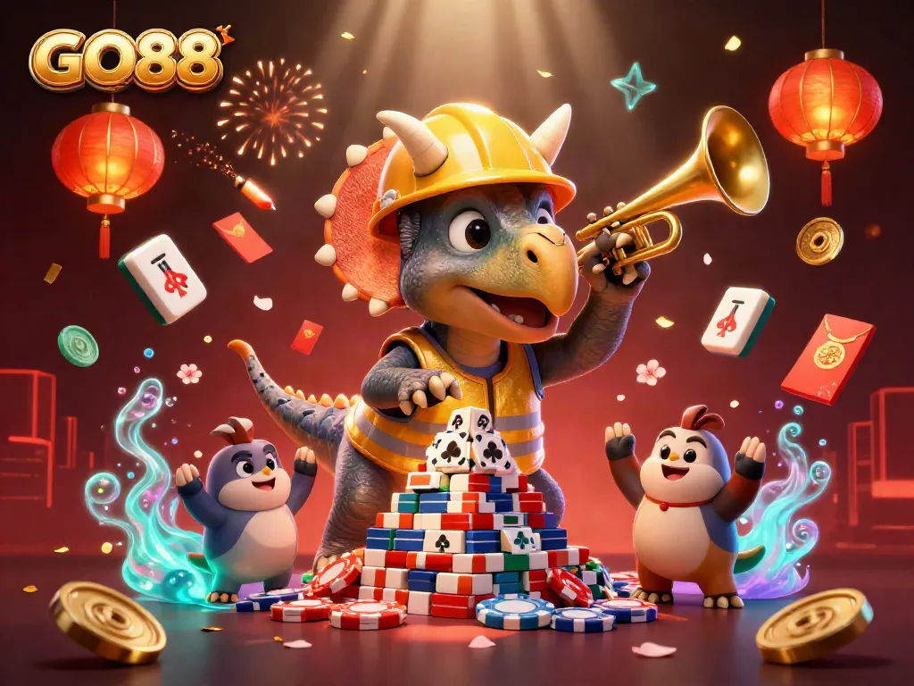 Celebrate winning strategies at GO88 with a vibrant, festive casino scene featuring gaming characters and symbols.