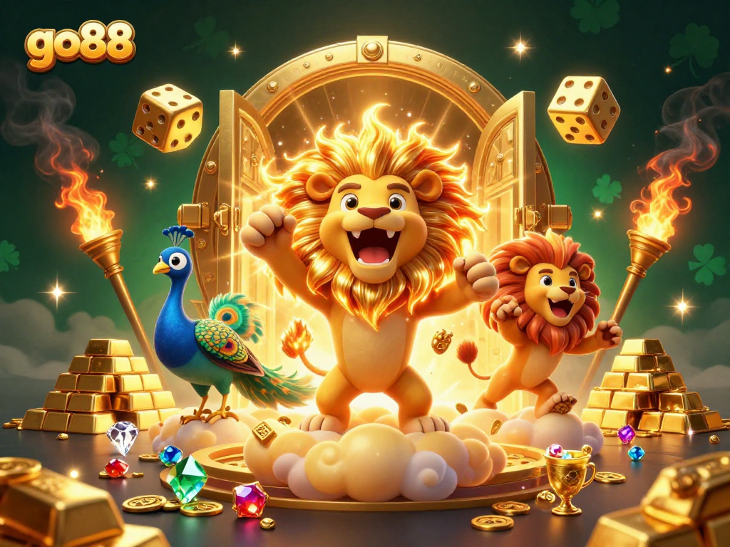 Experience go88's vibrant casino world with a roaring lion, golden gems, and dynamic game elements.