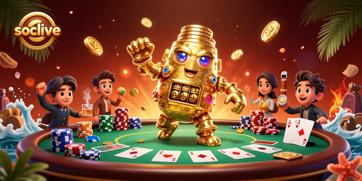 Socolive enhances gaming with a golden golem amidst poker chips and community cards.