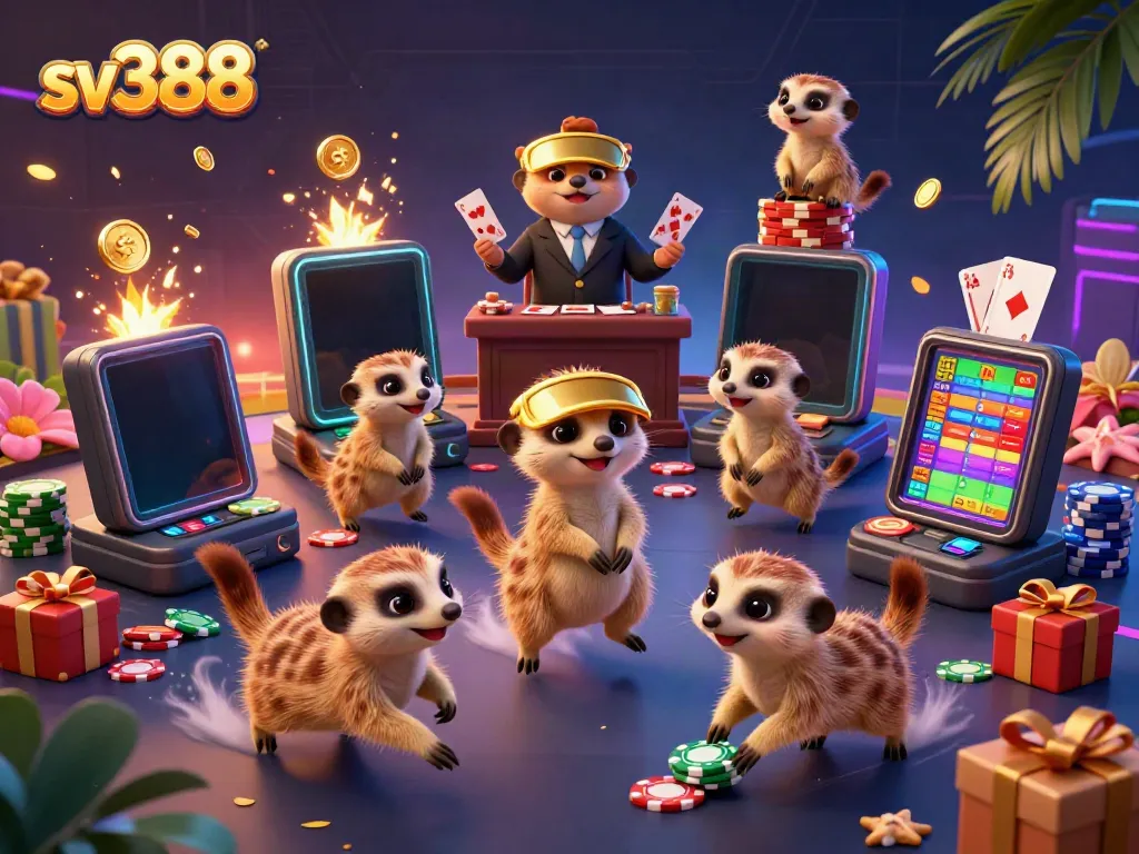 Engage with sv388 in a vibrant illustration showcasing meerkats orchestrating an exciting cockfighting casino scene.