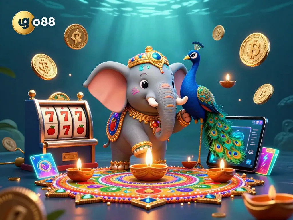 Engage with go88's vibrant gaming experience featuring an ornate elephant, colorful peacock, and iconic slot elements.