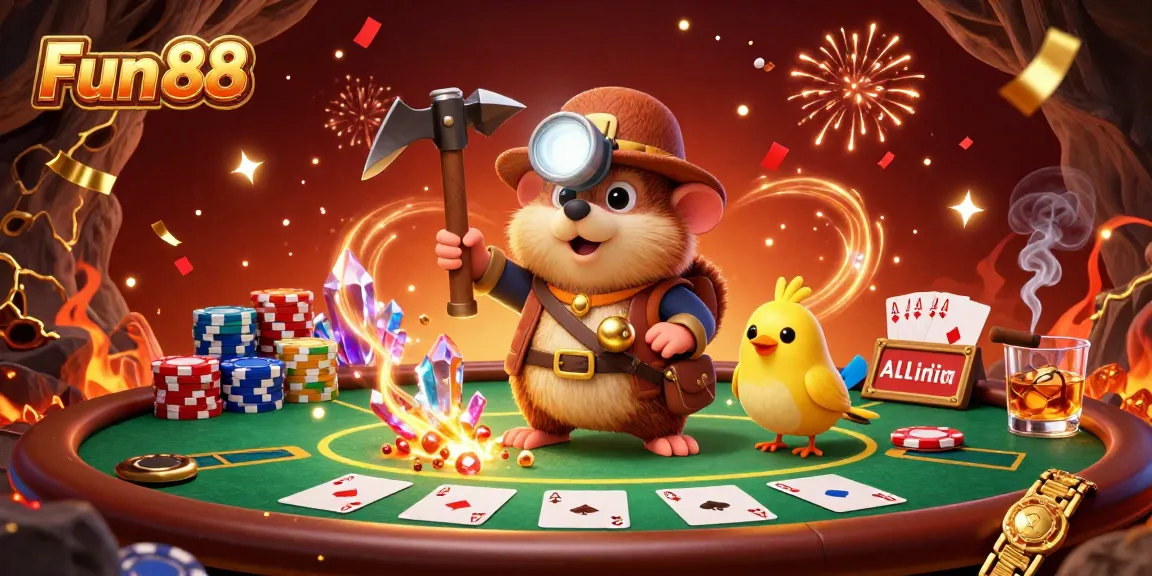 Win big with Fun 88 in a vibrant 3D casino scene filled with poker elements and treasure.