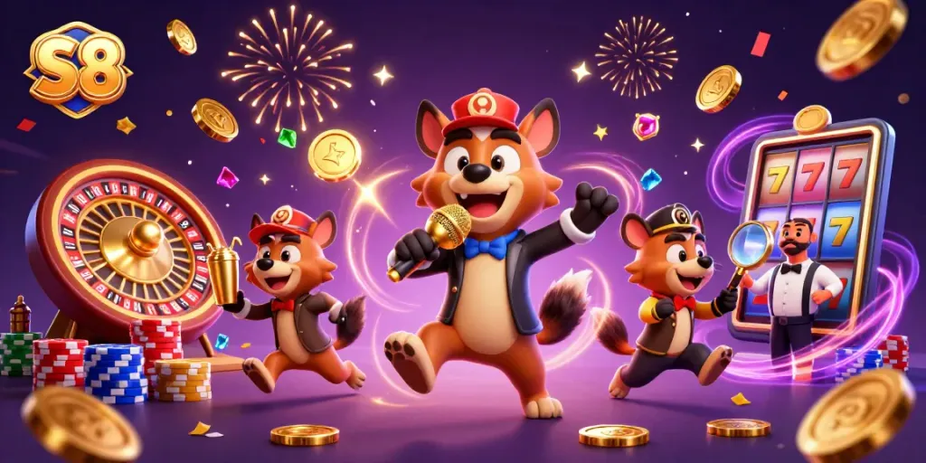 Hyenas in a comedy casino club celebrate with slots and roulette, showcasing S8 gaming excitement.
