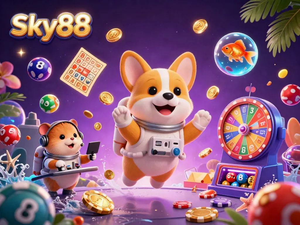 Sky88 casino experience with a playful astronaut corgi, vibrant game elements, and engaging atmosphere in a space station.