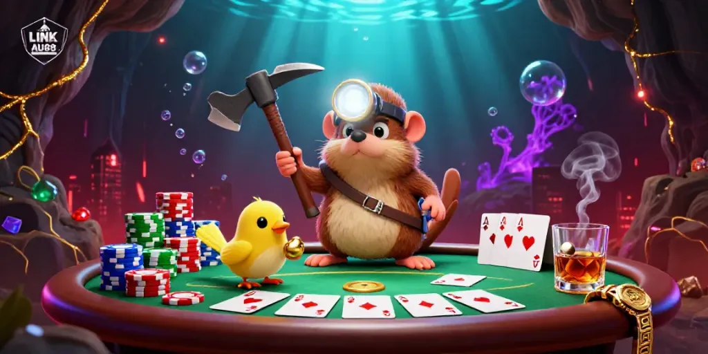 Illustration of LINK AU88 showcasing a treasure hunter mole and canary in a casino atmosphere with poker elements.