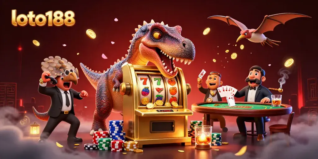Engaging loto188 3D scene with dinosaurs celebrating a jackpot at a vibrant casino.