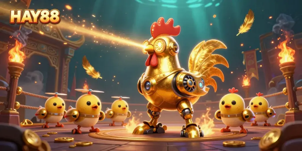 Engage with HAY88's thrilling casino atmosphere featuring golden rooster robot and baby chick drones.