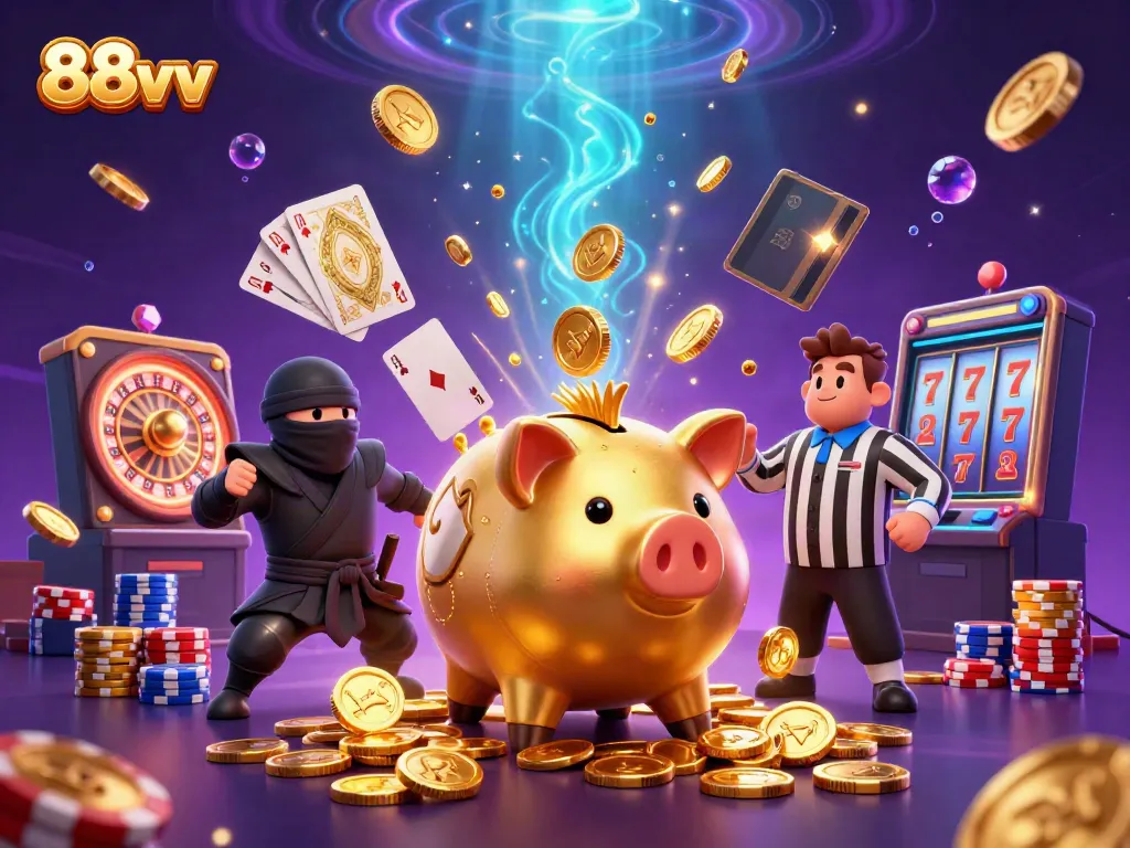 88vv showcases a dynamic scene with a golden piggy bank sumo wrestler unleashing coins and surrounded by vibrant casino elements.