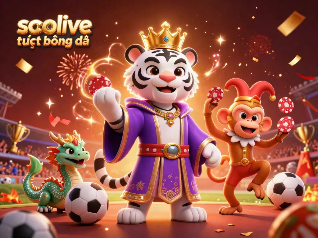 Socolive trực tiếp bóng đá experience featuring a vibrant tiger, monkey, and dragon amidst sports elements and festive effects.