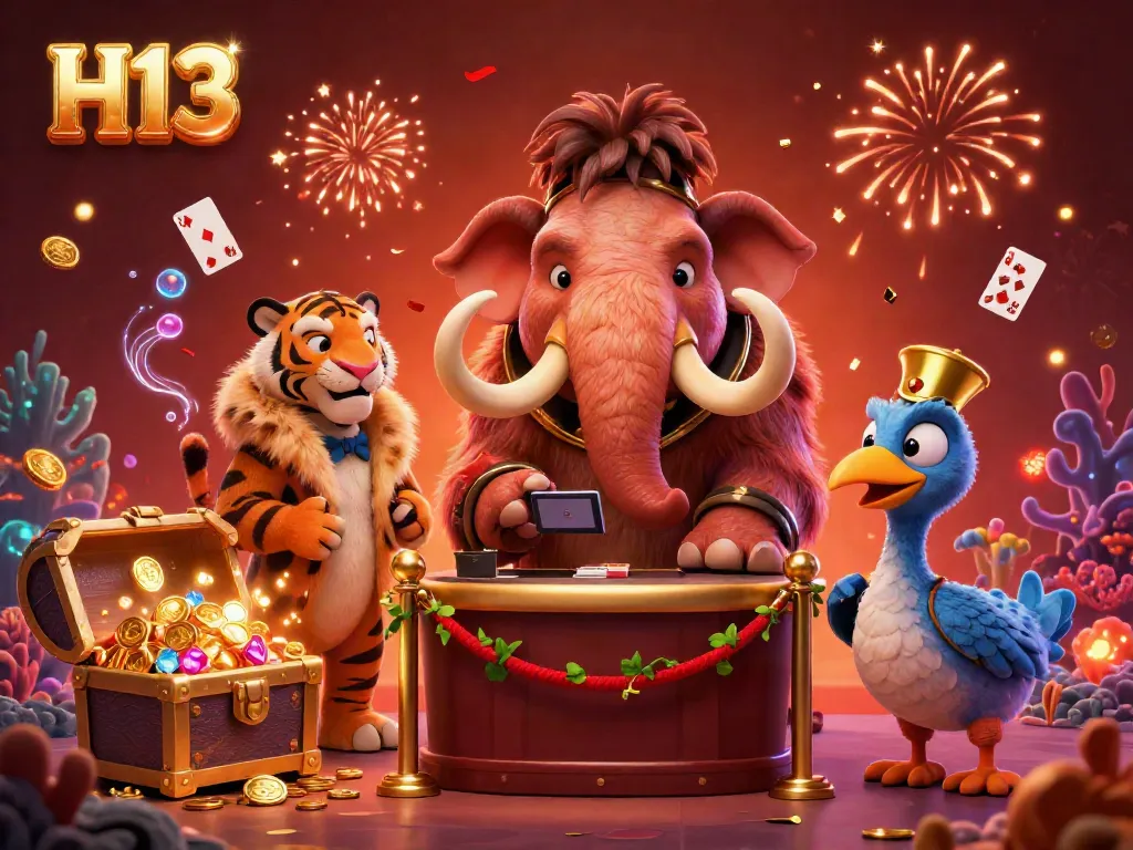 Experience H13's vibrant casino world with a woolly mammoth bouncer, saber-tooth tiger guest, and dodo bird doorman.
