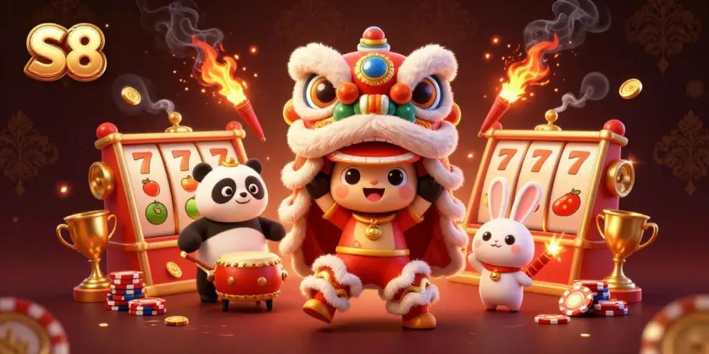 Experience the excitement of S8 with a vibrant 3D lion dance in a casino setting showcasing slots and festive characters.