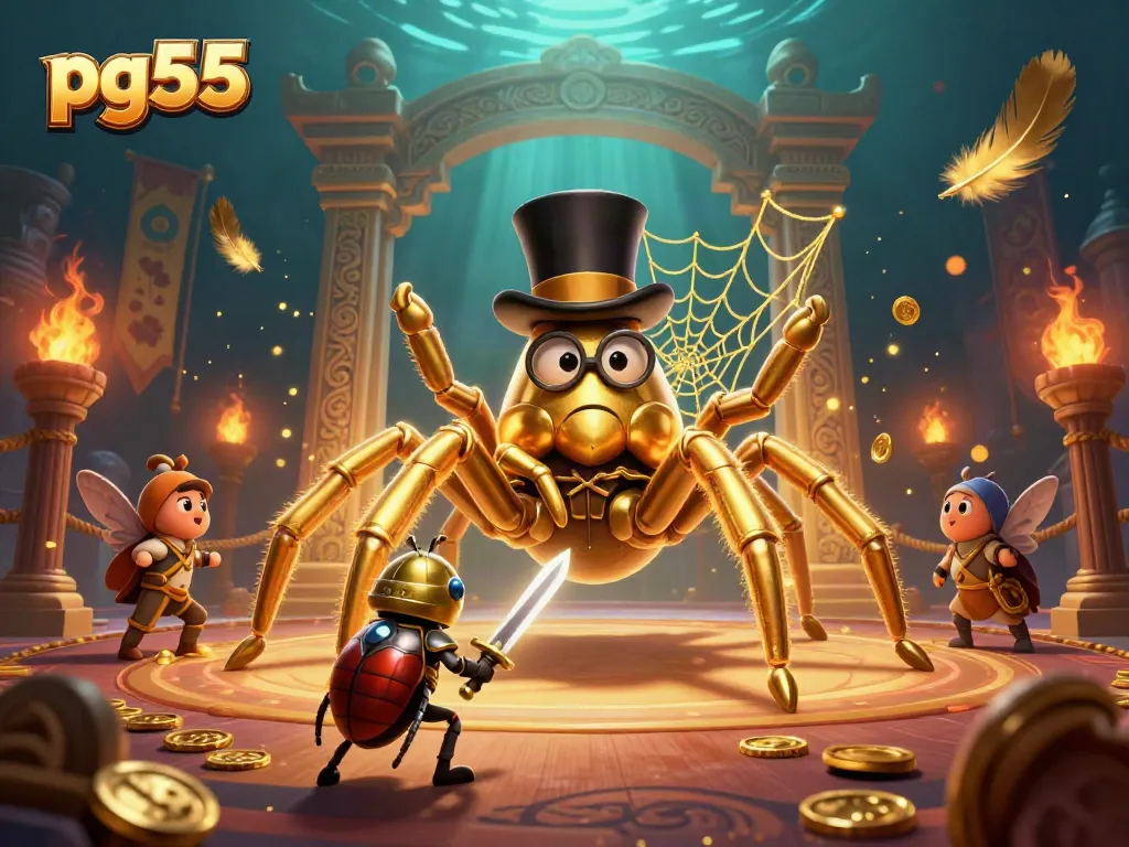 Play exciting casino games at pg55 with a dynamic scene of a golden tarantula and little beetle knight.