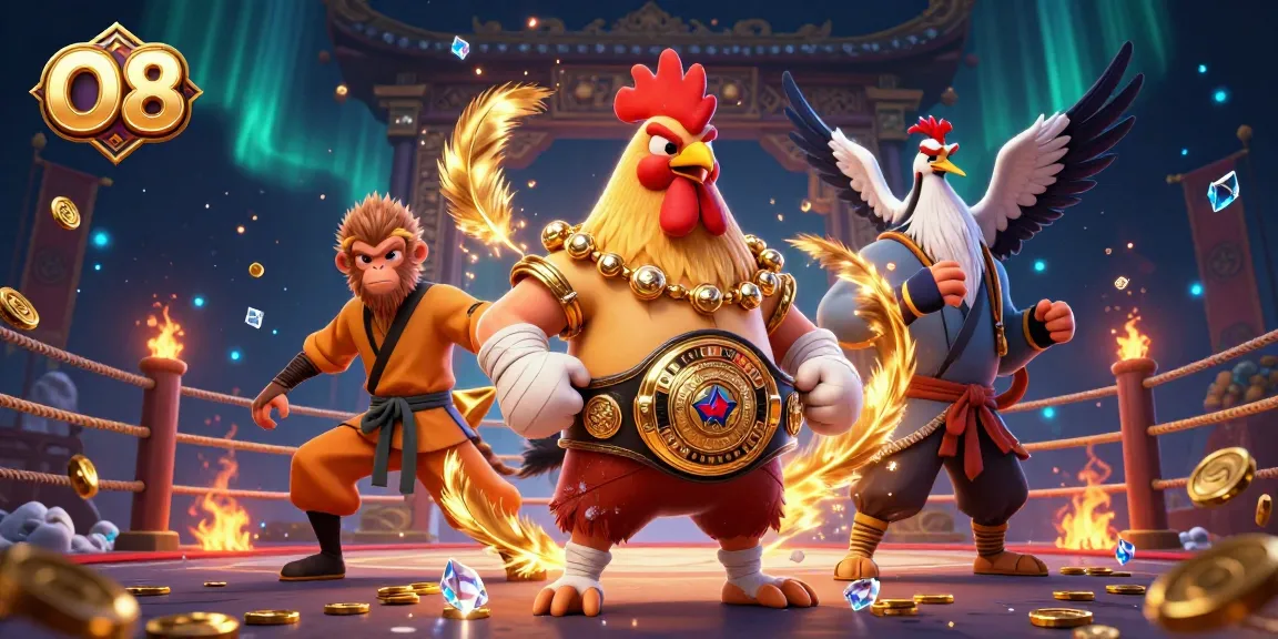 Engage in thrilling gaming adventures at O8 with vibrant casino-inspired characters and elements.