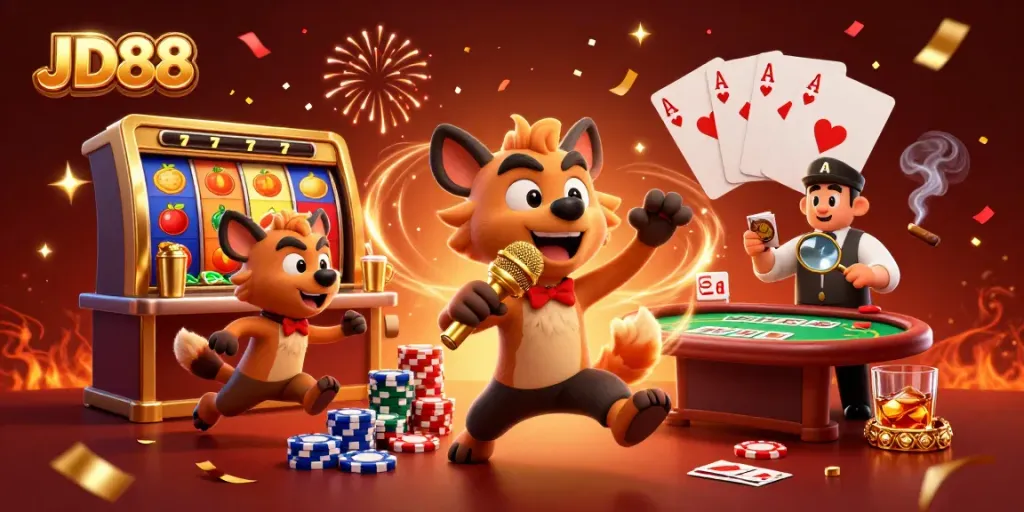 JD88 hyena comedy casino club illustration showcasing vibrant slot reels and poker elements.