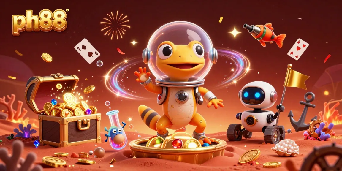 Exciting ph88 cartoon scene showcasing a gecko in space gear finding a buried casino amid gold coins, perfect for gambling fans.