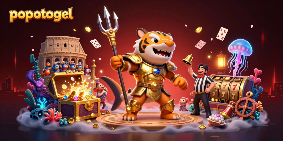 Experience gaming excitement with popotogel featuring a tiger shark in gladiator armor amid a vibrant underwater casino scene.