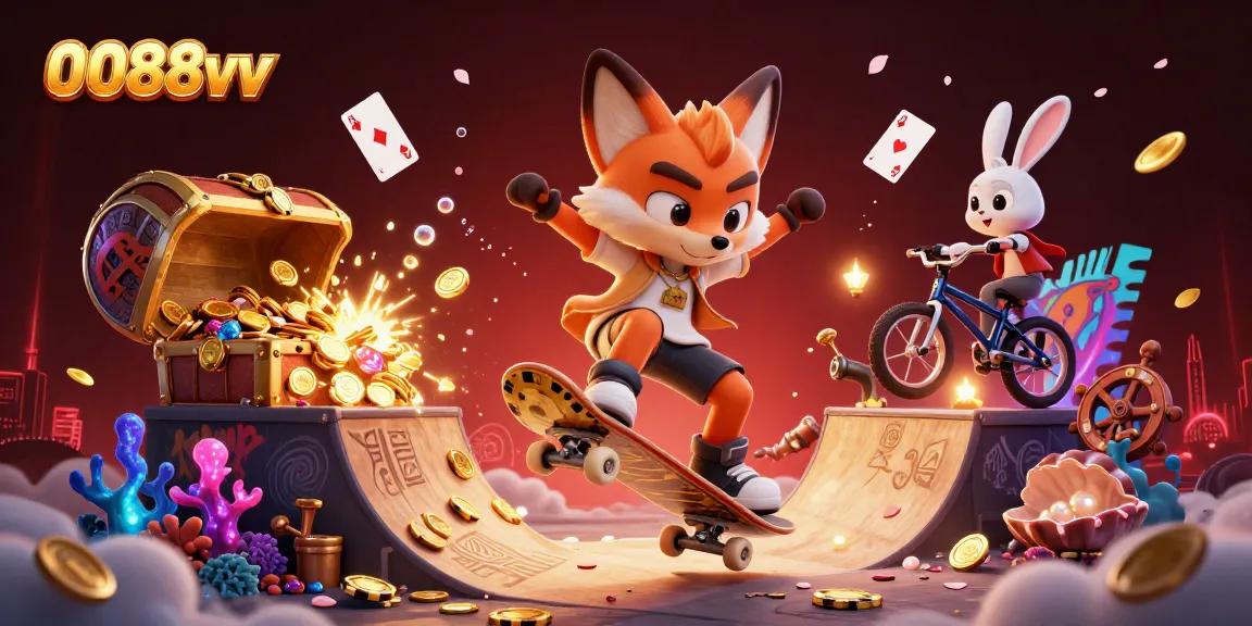 Join the excitement at 0088vv as a cartoon fox performs thrilling tricks over golden poker chips.