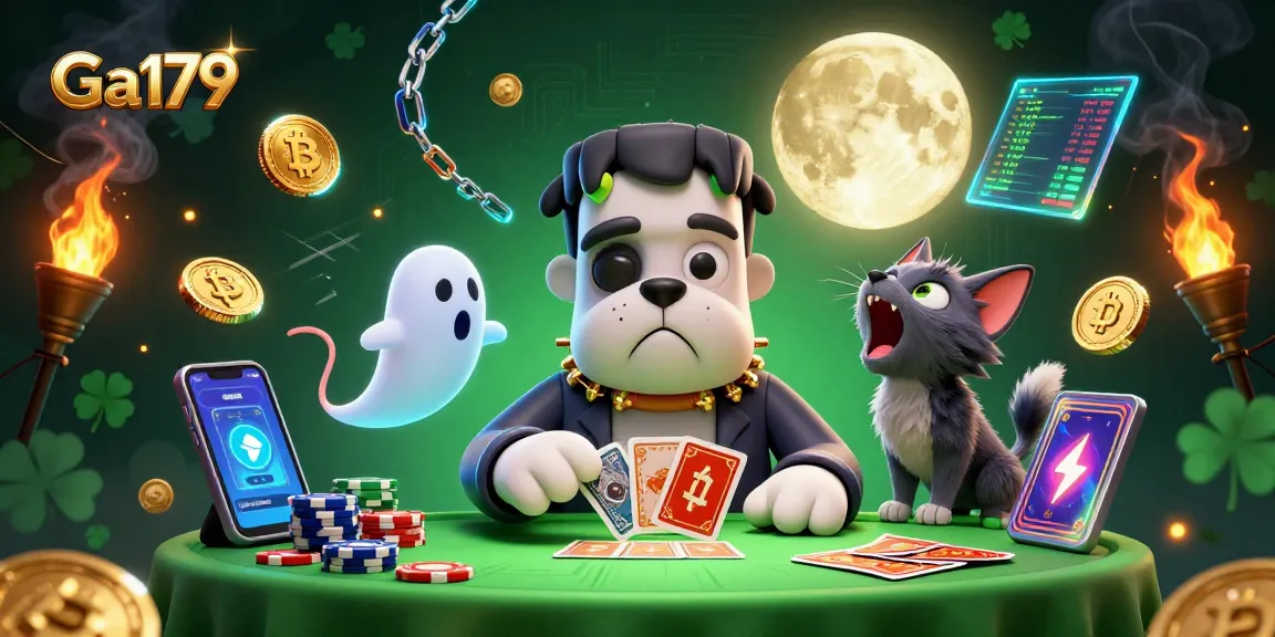 Win big with Ga179 as a quirky Frankenstein bulldog dealer interacts in a lively casino setting.