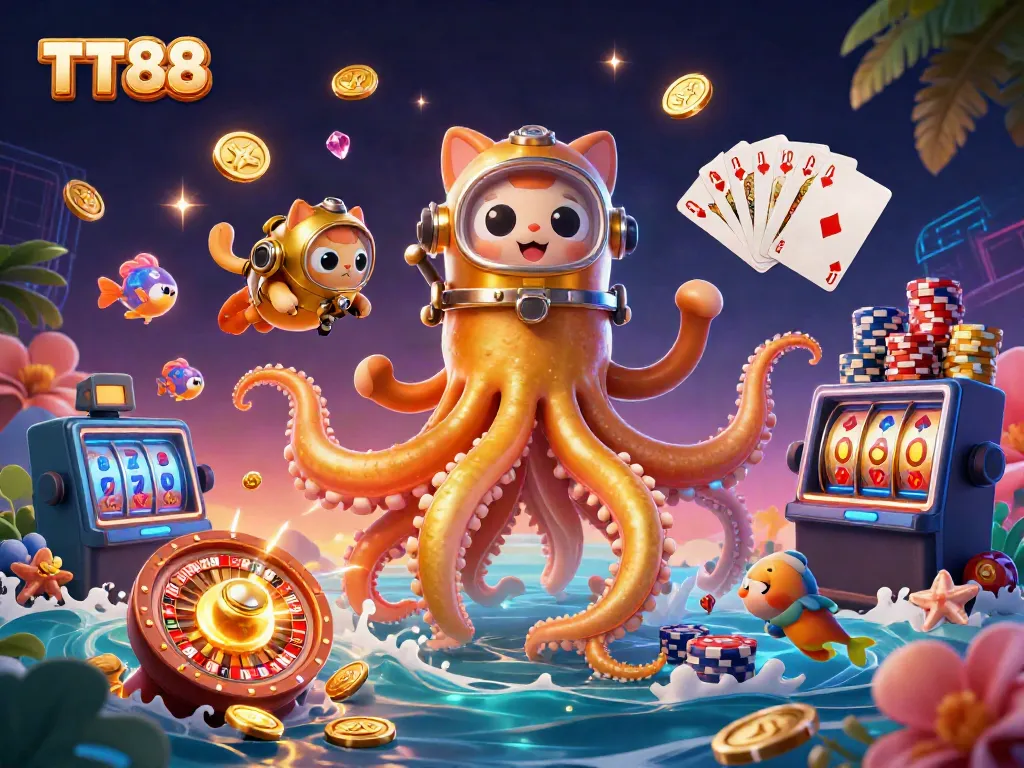 Win big with TT88 as a colossal kraken and diving cat navigate a treasure-filled sea, surrounded by casino elements.